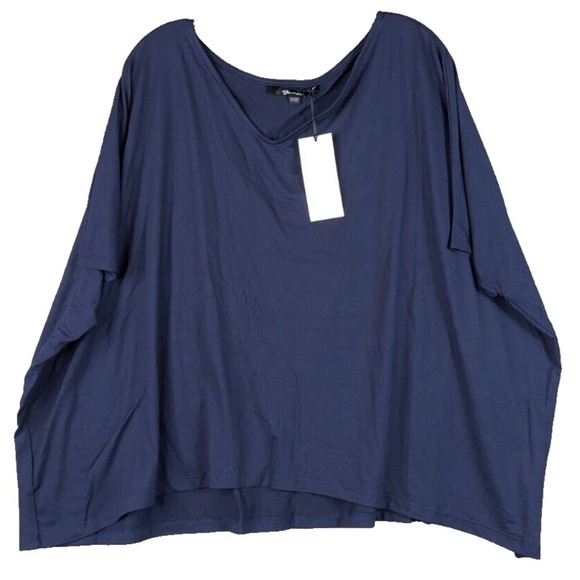 Yanak Tops - Yanak Blouse Womens Apple Top w/o Cuff One Size Navy V-Neck Stretch Lagenlook